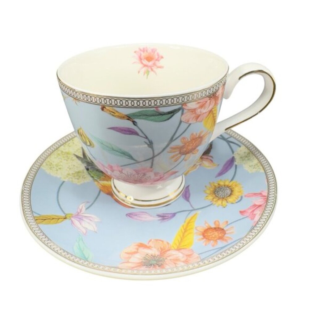 Shabby Chic Fine Porcelain Teacup And Saucer‎ Set Tea Cup Plate Blue Floral Bird